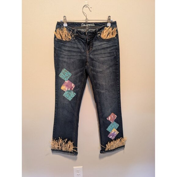 Jean With Fringe Patchwork Cosplay sz 2 Short Upcycled Scarecrow Dress up - Picture 1 of 3